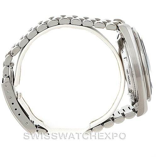 The Omega Speedmaster 3592.50.00 Men
s Stainless Steel Black Dial 3592.50.00 Men
s Stainless Steel Black Dial watch is shown from a side angle, highlighting its metal bracelet and case profile.