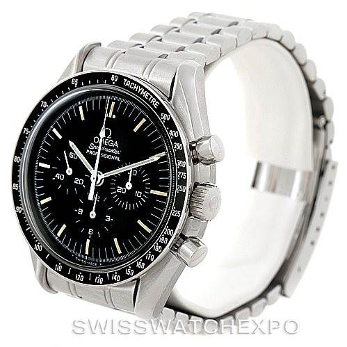 The image shows an Omega Speedmaster 3592.50.00 Men
s Stainless Steel Black Dial 3592.50.00 Men
s Stainless Steel Black Dial watch at a three-quarter angle, highlighting its face, bezel, crown, and metal bracelet.