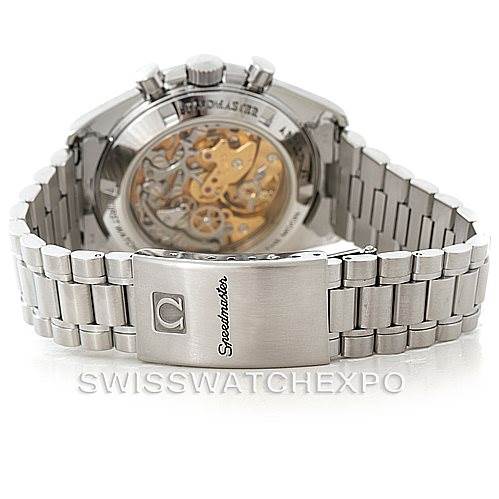 The image shows the back view of an Omega Speedmaster 3592.50.00 Men
s Stainless Steel Black Dial 3592.50.00 Men
s Stainless Steel Black Dial watch highlighting its bracelet and open-case back.