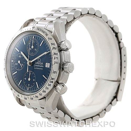 The image shows an Omega Speedmaster 3513.80.00 Men
s Stainless Steel Blue Dial 3513.80.00 Men
s Stainless Steel Blue Dial watch at a three-quarter angle, highlighting its dial, bezel, crown, and bracelet.