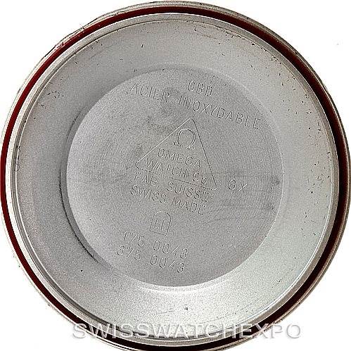 The image shows the inside of the back case of an Omega Speedmaster 3513.80.00 Men
s Stainless Steel Blue Dial 3513.80.00 Men
s Stainless Steel Blue Dial watch, displaying model information and material details.