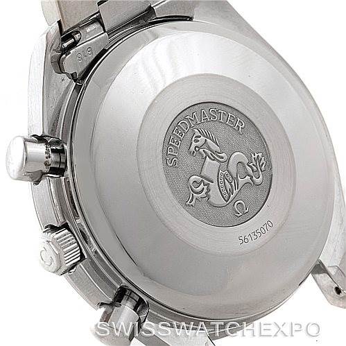 The image shows the case back and side buttons of an Omega Speedmaster 3513.80.00 Men
s Stainless Steel Blue Dial 3513.80.00 Men
s Stainless Steel Blue Dial watch, highlighting its engraved design and model number.