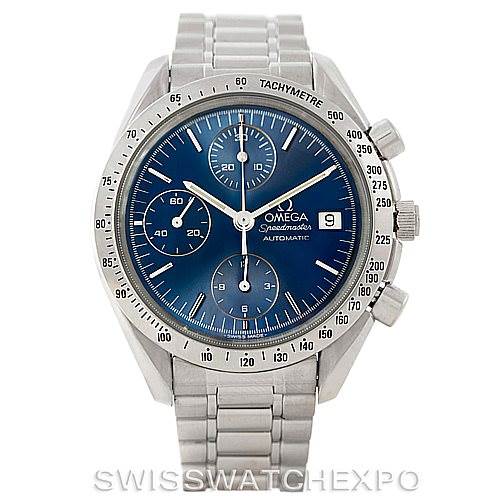 This image shows a front view of an Omega Speedmaster 3513.80.00 Men
s Stainless Steel Blue Dial 3513.80.00 Men
s Stainless Steel Blue Dial watch, displaying the blue dial, chronograph subdials, date window, tachymeter bezel, and metal bracelet.