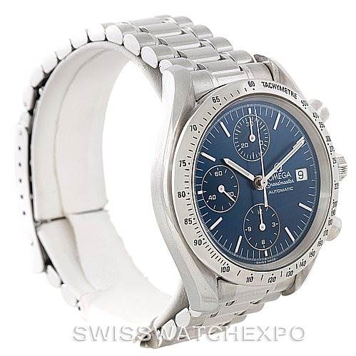 The image shows a side angle of an Omega Speedmaster 3513.80.00 Men
s Stainless Steel Blue Dial 3513.80.00 Men
s Stainless Steel Blue Dial watch, highlighting the dial, tachymeter bezel, and part of the metal bracelet.