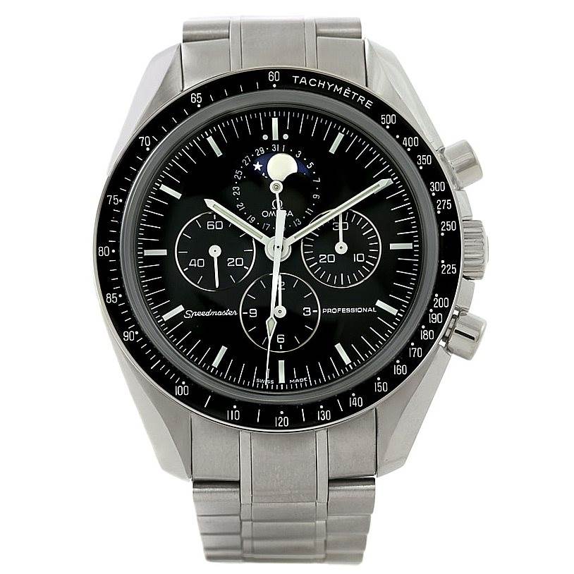 This Omega Speedmaster 3576.50.00 Men
s Stainless Steel Black Dial 3576.50.00 Men
s Stainless Steel Black Dial watch is shown from the front, displaying the dial, bezel, and bracelet.