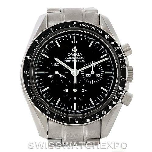 The image shows the front view of an Omega Speedmaster 3570.50.00 Men
s Stainless Steel Black Dial 3570.50.00 Men
s Stainless Steel Black Dial watch, highlighting the dial, tachymeter bezel, and stainless steel bracelet.