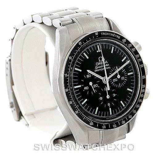 The image shows a front-side view of the Omega Speedmaster 3570.50.00 Men
s Stainless Steel Black Dial 3570.50.00 Men
s Stainless Steel Black Dial, highlighting its black dial and stainless steel bracelet.