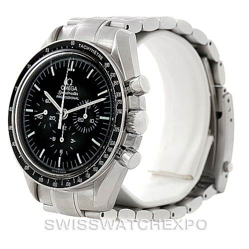 The image shows an Omega Speedmaster 3570.50.00 Men
s Stainless Steel Black Dial 3570.50.00 Men
s Stainless Steel Black Dial watch from a three-quarters angle, highlighting its face, bezel, and bracelet.