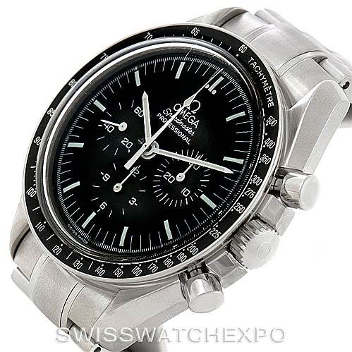 The image shows an Omega Speedmaster 3570.50.00 Men
s Stainless Steel Black Dial 3570.50.00 Men
s Stainless Steel Black Dial watch at a three-quarter angle, highlighting the dial, crown, chronograph pushers, and tachymeter bezel.