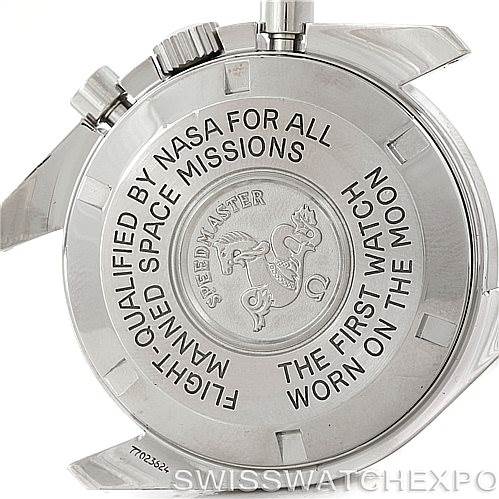 This image shows the back case of the Omega Speedmaster 3570.50.00 Men
s Stainless Steel Black Dial 3570.50.00 Men
s Stainless Steel Black Dial watch, highlighting NASA qualifications and moon mission engravings.