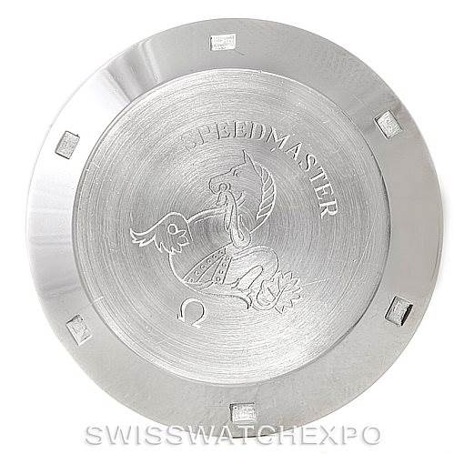The image shows the case back of an Omega Speedmaster Men
s Stainless Steel Black Dial Men
s Stainless Steel Black Dial watch, featuring the engraved Speedmaster logo and emblem.