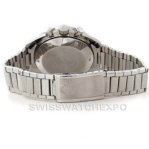 This image shows the back view of the Omega Speedmaster Men
s Stainless Steel Black Dial Men
s Stainless Steel Black Dial watch, highlighting the bracelet, clasp, and case back.