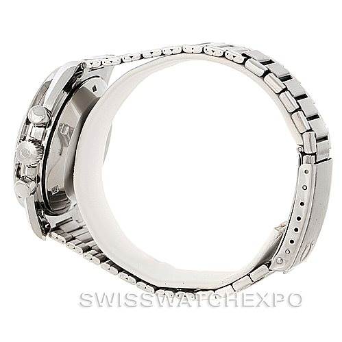 The image shows a side view of the Omega Speedmaster Men
s Stainless Steel Black Dial Men
s Stainless Steel Black Dial, highlighting its stainless steel bracelet and the side of the watch case.