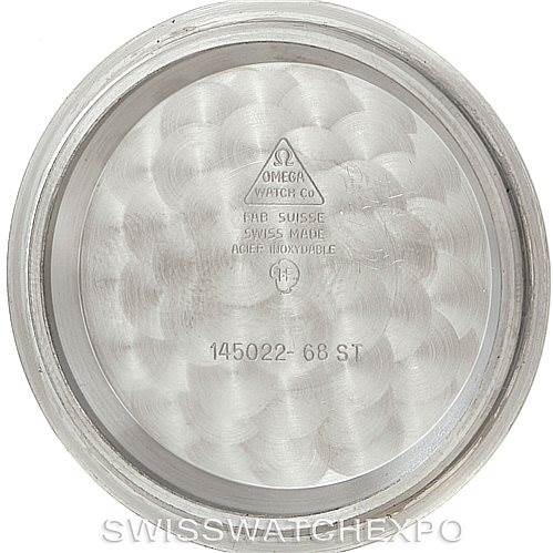 This image shows the interior case back of an Omega Speedmaster Men
s Stainless Steel Black Dial Men
s Stainless Steel Black Dial watch, detailing model number 145022-68 ST.