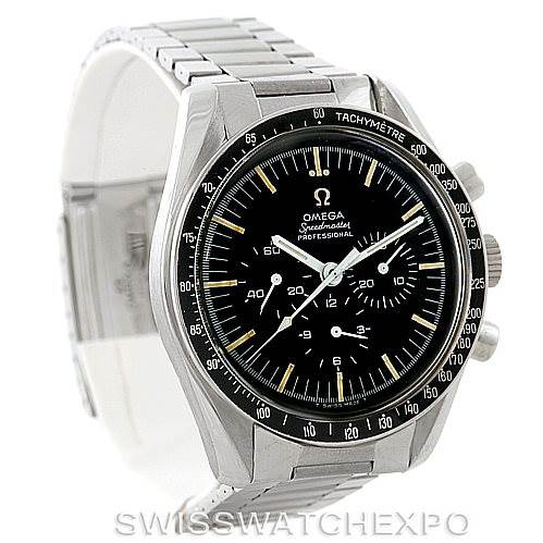 The Omega Speedmaster Men
s Stainless Steel Black Dial Men
s Stainless Steel Black Dial watch is shown at a slight angle, highlighting its face, bezel, and stainless steel bracelet.