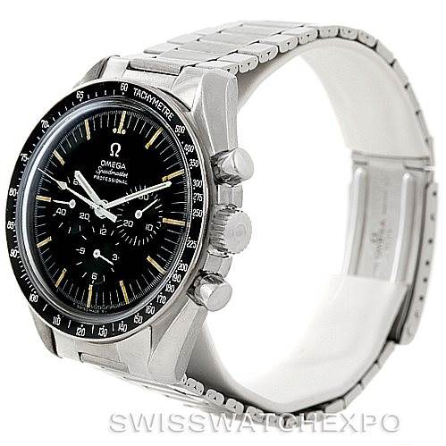 The image shows a side angle of an Omega Speedmaster Men
s Stainless Steel Black Dial Men
s Stainless Steel Black Dial watch, highlighting its face, bezel, crown, and bracelet.