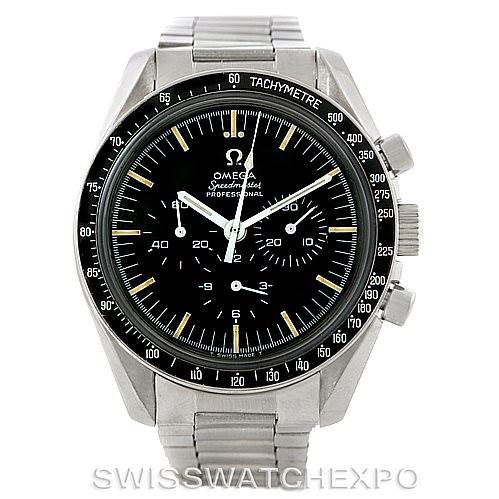 The Omega Speedmaster Men
s Stainless Steel Black Dial Men
s Stainless Steel Black Dial watch is shown from the front, displaying its black dial, tachymeter bezel, and stainless steel bracelet.