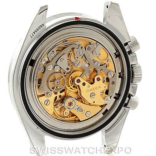 The image shows the back view of an Omega Speedmaster Men
s Stainless Steel Black Dial Men
s Stainless Steel Black Dial watch, highlighting its intricate mechanical movement.