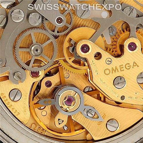 This image shows the intricate internal mechanism of the Omega Speedmaster Men
s Stainless Steel Black Dial Men
s Stainless Steel Black Dial watch, highlighting gears and the movement parts.