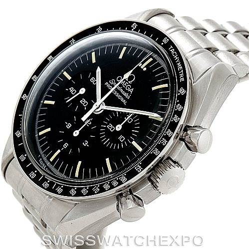 The image shows an angled view of an Omega Speedmaster Men
s Stainless Steel Black Dial Men
s Stainless Steel Black Dial watch, displaying its dial, bezel, side buttons, and part of the bracelet.