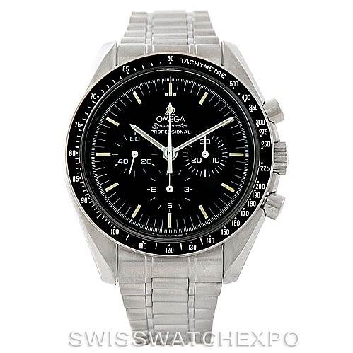The image shows a front view of an Omega Speedmaster Men
s Stainless Steel Black Dial Men
s Stainless Steel Black Dial watch, displaying its black dial, tachymeter bezel, and stainless steel bracelet.