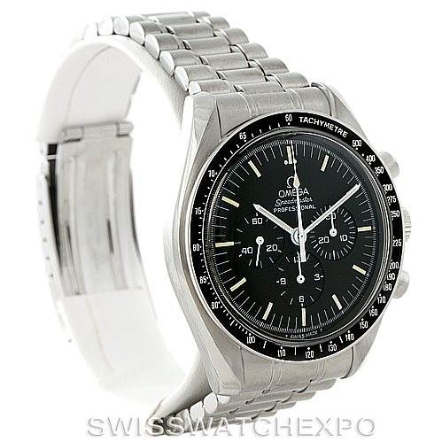 This image shows an Omega Speedmaster Men
s Stainless Steel Black Dial Men
s Stainless Steel Black Dial watch from a three-quarter angle, highlighting its front face, bezel, and bracelet.