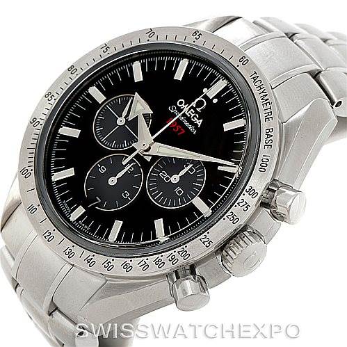 This image shows an Omega Speedmaster 321.10.42.50.01.001 Men
s Stainless Steel Black Dial 321.10.42.50.01.001 Men
s Stainless Steel Black Dial watch at an angle highlighting the face, bezel, crown, pushers, and part of the bracelet.