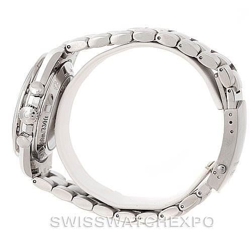 The image shows a side view of an Omega Speedmaster 321.10.42.50.01.001 Men
s Stainless Steel Black Dial 321.10.42.50.01.001 Men
s Stainless Steel Black Dial watch, highlighting its metal case, pushers, and bracelet.