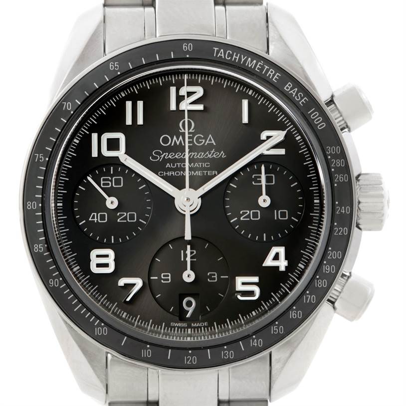 The image shows a front view of an Omega Speedmaster 324.30.38.40.06.001 Stainless Steel Grey Dial 324.30.38.40.06.001 Stainless Steel Grey Dial watch, highlighting the face, subdials, tachymeter, and crown.