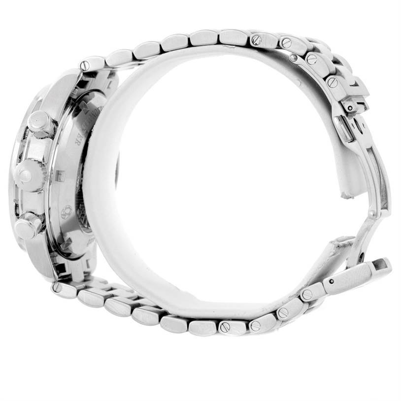 The side view of the Omega Speedmaster 324.30.38.40.06.001 Stainless Steel Grey Dial 324.30.38.40.06.001 Stainless Steel Grey Dial watch shows its buttons and metal bracelet links.