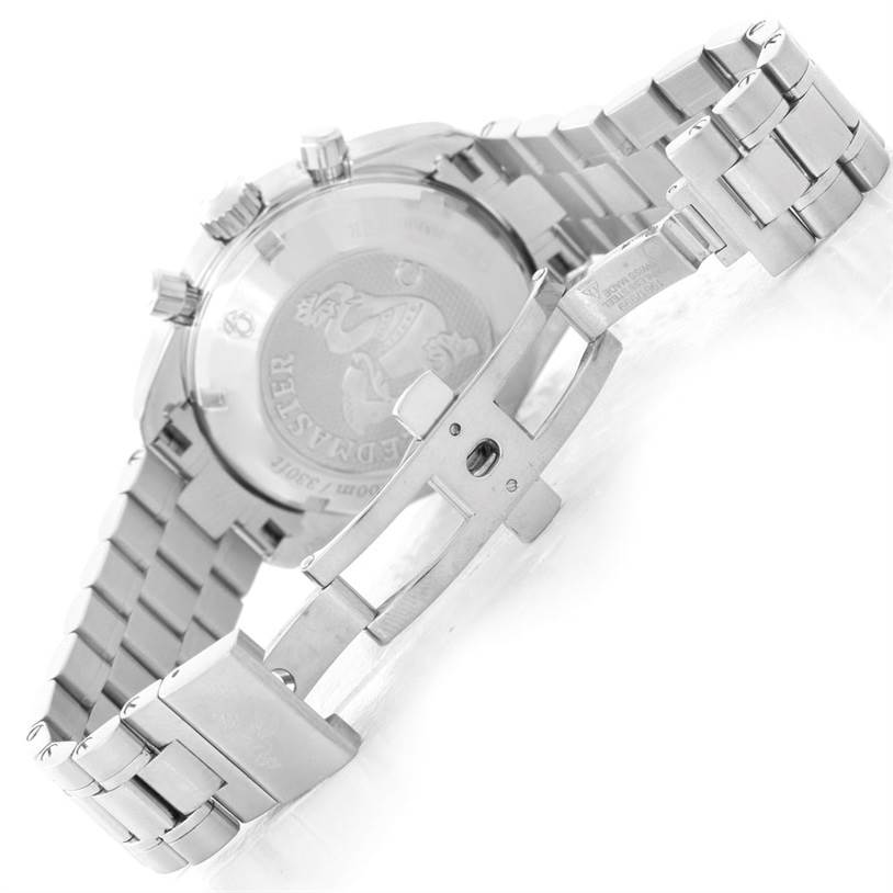 The image shows the clasp and case back of an Omega Speedmaster 324.30.38.40.06.001 Stainless Steel Grey Dial 324.30.38.40.06.001 Stainless Steel Grey Dial watch, viewed from the underside.
