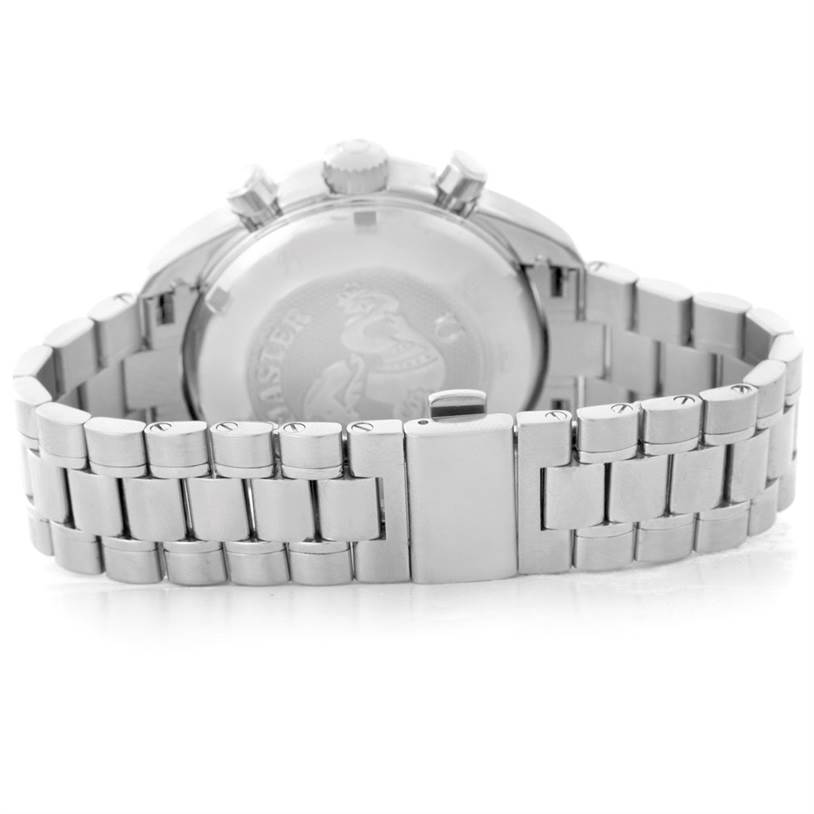 This image shows the back view of an Omega Speedmaster 324.30.38.40.06.001 Stainless Steel Grey Dial 324.30.38.40.06.001 Stainless Steel Grey Dial watch, including the case back, crown, chronograph pushers, and bracelet.