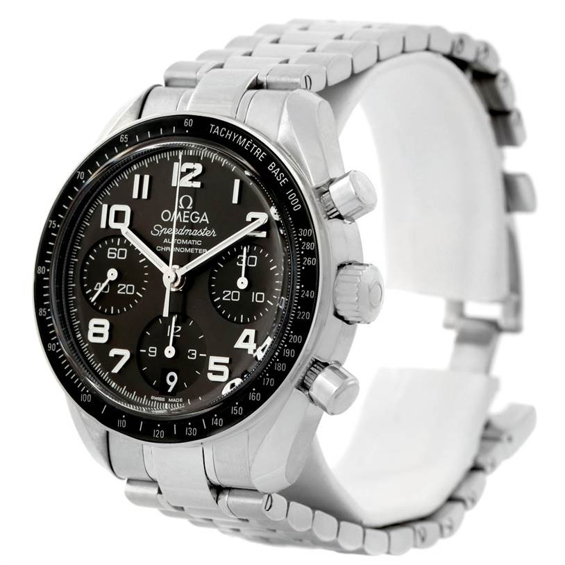 The image shows an Omega Speedmaster 324.30.38.40.06.001 Stainless Steel Grey Dial 324.30.38.40.06.001 Stainless Steel Grey Dial watch from a front-side angle, highlighting the face, chronograph dials, bezel, and metal bracelet.