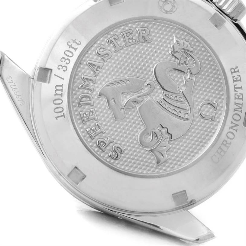 The image shows the back case of an Omega Speedmaster 324.30.38.40.06.001 Stainless Steel Grey Dial 324.30.38.40.06.001 Stainless Steel Grey Dial, detailing the emblem and text for water resistance and chronometer certification.