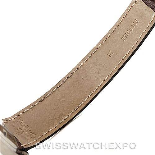 The image shows the interior side of the leather strap of an Omega Speedmaster 3881.30.37 Men
s Stainless Steel Silver Dial 3881.30.37 Men
s Stainless Steel Silver Dial watch, featuring stitching and the Omega logo.