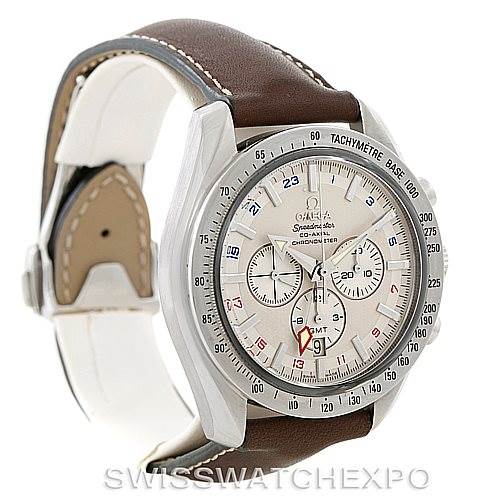 The image shows a side angle view of the Omega Speedmaster 3881.30.37 Men
s Stainless Steel Silver Dial 3881.30.37 Men
s Stainless Steel Silver Dial watch, highlighting the dial, tachymeter bezel, and brown leather strap.