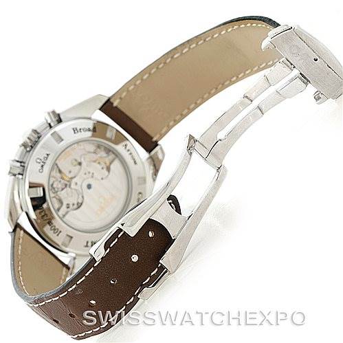 This image shows the back and side view of an Omega Speedmaster 3881.30.37 Men
s Stainless Steel Silver Dial 3881.30.37 Men
s Stainless Steel Silver Dial watch with a brown leather strap and deployment clasp.