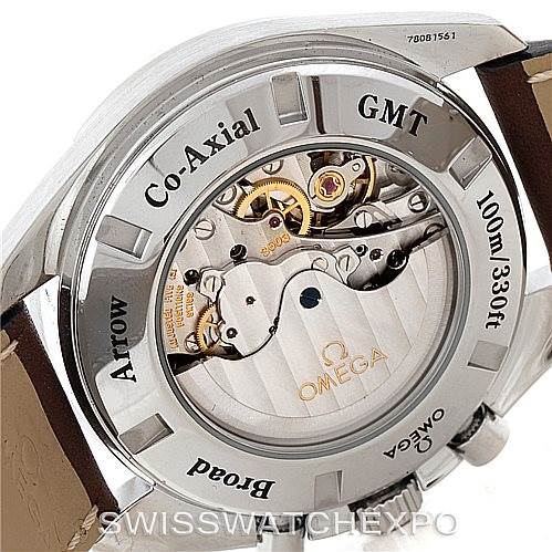 The image shows the case back of the Omega Speedmaster 3881.30.37 Men
s Stainless Steel Silver Dial 3881.30.37 Men
s Stainless Steel Silver Dial, highlighting its Co-Axial movement and 100m water resistance.