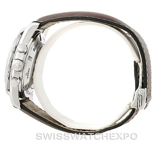 The image shows a side view of the Omega Speedmaster 3881.30.37 Men
s Stainless Steel Silver Dial 3881.30.37 Men
s Stainless Steel Silver Dial watch, highlighting the crown, pushers, and leather strap.