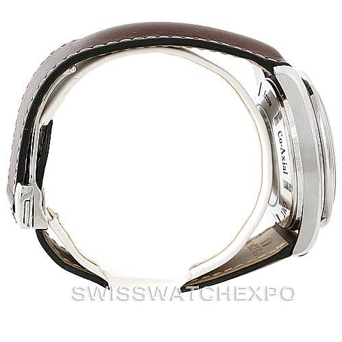 The image shows the side profile of an Omega Speedmaster 3881.30.37 Men
s Stainless Steel Silver Dial 3881.30.37 Men
s Stainless Steel Silver Dial watch, highlighting the watch case, leather strap, and clasp.