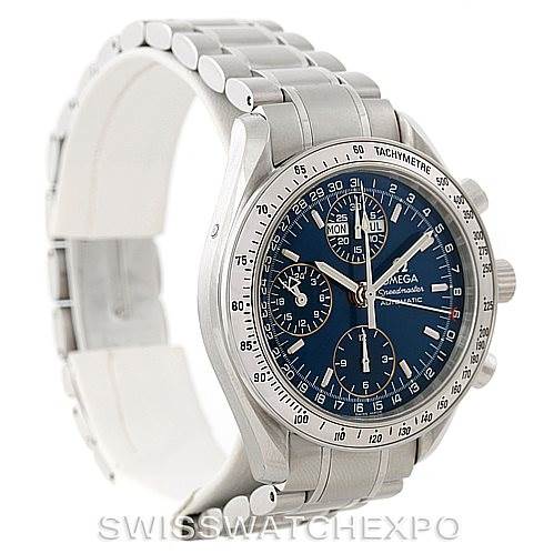 The image shows an Omega Speedmaster 3523.80.00 Men
s Stainless Steel Blue Dial 3523.80.00 Men
s Stainless Steel Blue Dial watch from a left-side angle, highlighting its stainless steel case, bracelet, and tachymeter bezel.