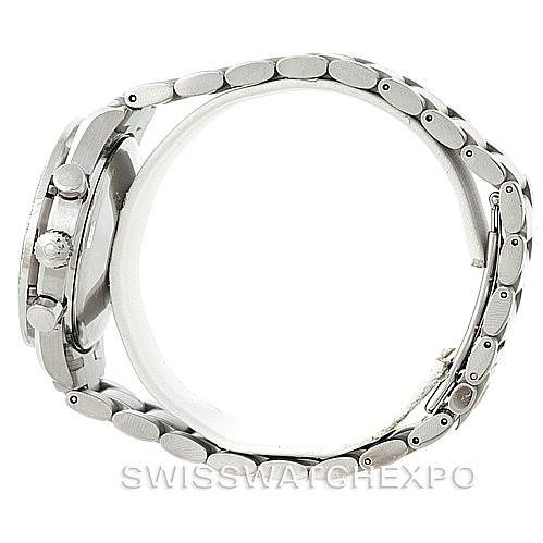 This side view of the Omega Speedmaster 3523.80.00 Men
s Stainless Steel Blue Dial 3523.80.00 Men
s Stainless Steel Blue Dial watch shows the case, crown, pushers, and metal bracelet.