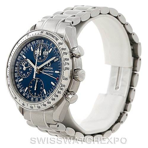 This image shows the Omega Speedmaster 3523.80.00 Men
s Stainless Steel Blue Dial 3523.80.00 Men
s Stainless Steel Blue Dial watch from a three-quarter angle, highlighting the face, dial, bezel, and bracelet.