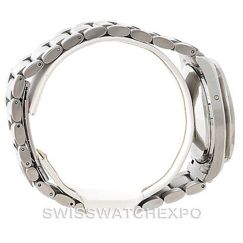 The image shows a side view of an Omega Speedmaster 3523.80.00 Men
s Stainless Steel Blue Dial 3523.80.00 Men
s Stainless Steel Blue Dial watch, highlighting its bracelet and clasp.