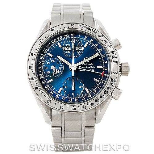 The image shows a front view of an Omega Speedmaster 3523.80.00 Men
s Stainless Steel Blue Dial 3523.80.00 Men
s Stainless Steel Blue Dial watch with a blue dial and silver bracelet.