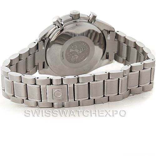 The angle shows the back of the Omega Speedmaster 3523.80.00 Men
s Stainless Steel Blue Dial 3523.80.00 Men
s Stainless Steel Blue Dial watch with its closed bracelet and case.