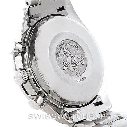 The image shows the case back of an Omega Speedmaster 3523.80.00 Men
s Stainless Steel Blue Dial 3523.80.00 Men
s Stainless Steel Blue Dial watch, highlighting the engraved Speedmaster logo and serial number.