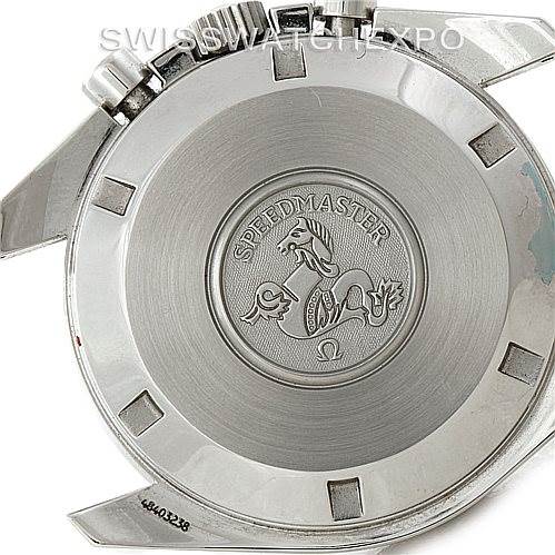 The image shows the back case of an Omega Speedmaster 3594.50.00 Men
s Stainless Steel Black Dial 3594.50.00 Men
s Stainless Steel Black Dial watch at a slight angle, highlighting the engraved logo and "Speedmaster" text.