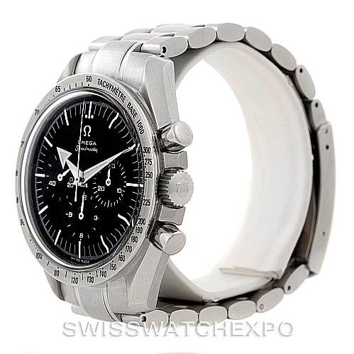 This image shows an Omega Speedmaster 3594.50.00 Men
s Stainless Steel Black Dial 3594.50.00 Men
s Stainless Steel Black Dial watch at a side angle, highlighting the bezel, crown, pushers, and metal bracelet.