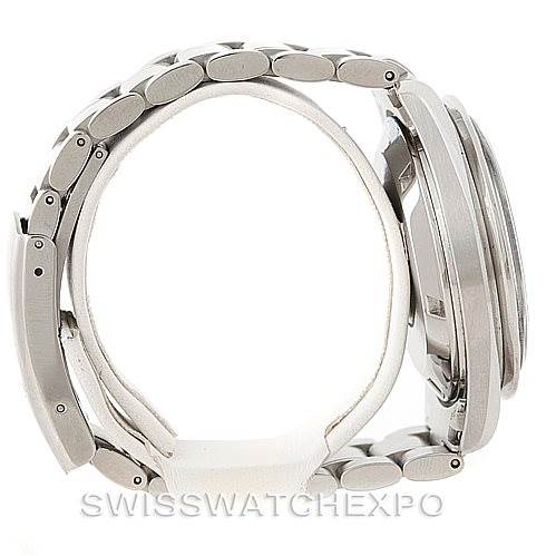 This image shows the Omega Speedmaster 3594.50.00 Men
s Stainless Steel Black Dial 3594.50.00 Men
s Stainless Steel Black Dial watch from a side profile, highlighting the bracelet and case thickness.